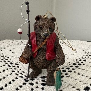 Brown Fisherman Bear with a Caught Fish Holiday Christmas Ornament
